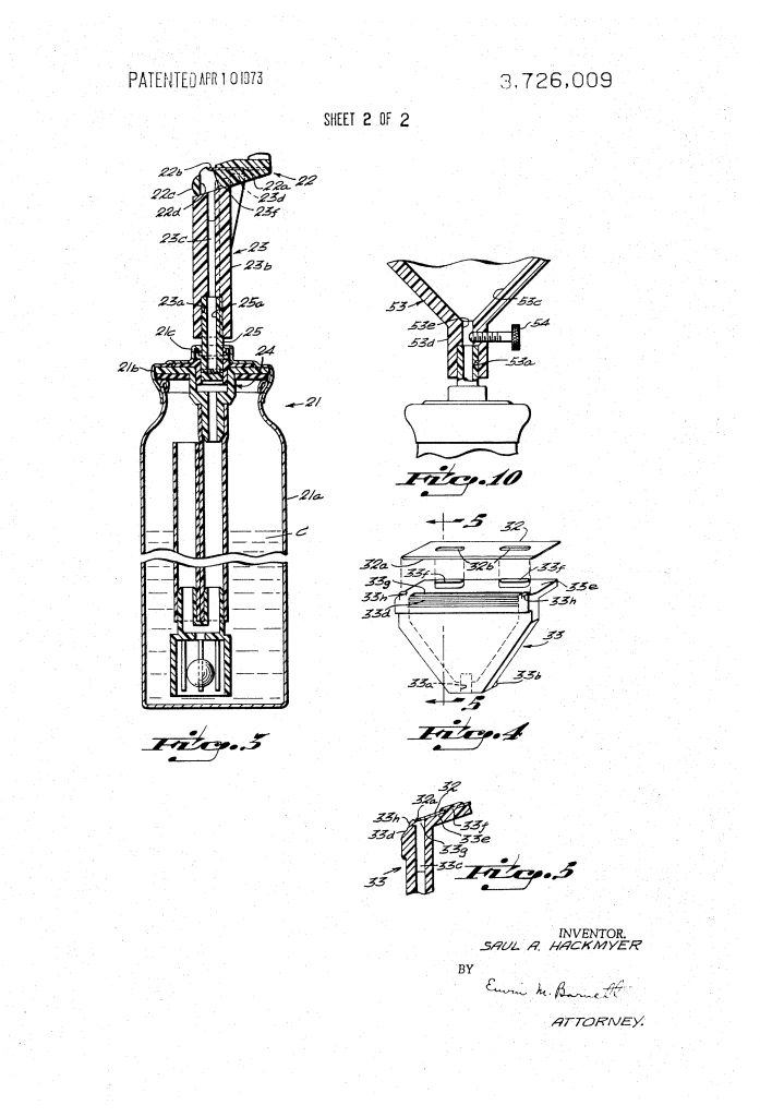 Sheet twoof the patent drawing for US patent 3,726,009 showing the self-lathering razor invented by Saul Hackmyer.