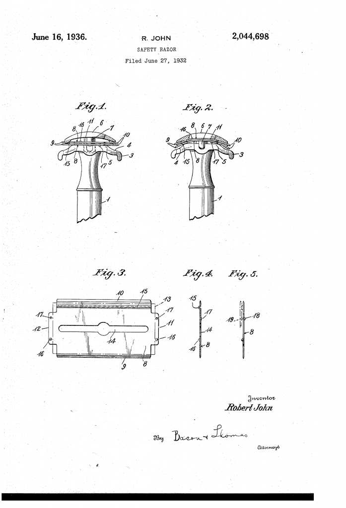 Patent drawing showing Robert John's double blade safety razor.