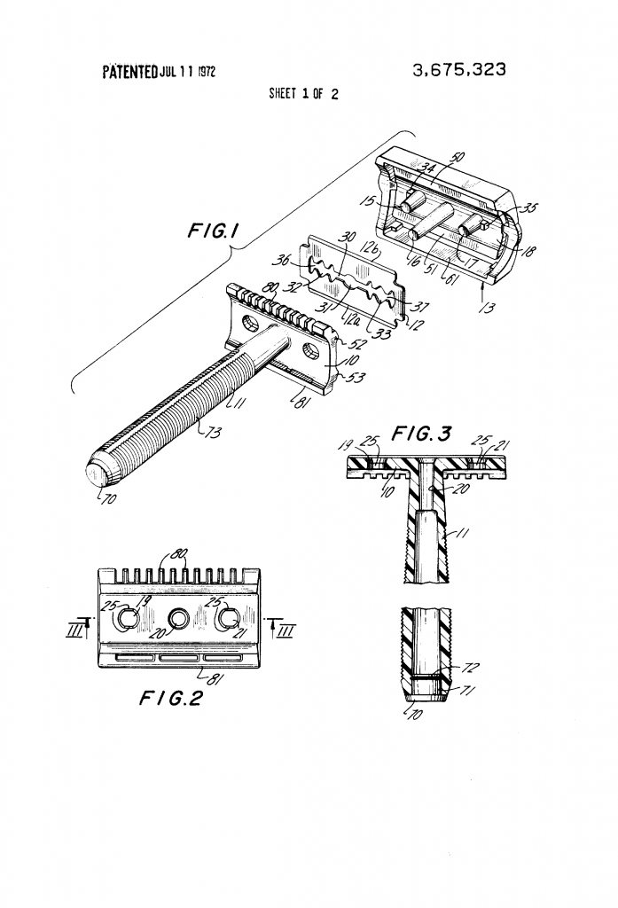 Sheet one of the patent drawing for the disposable preassembled plastic razor