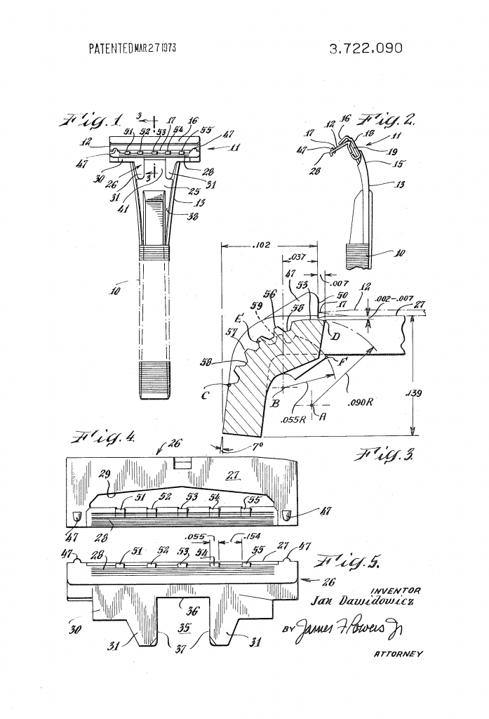 Patent drawing showing Jan Dawidowicz's guard bar for safety razors.