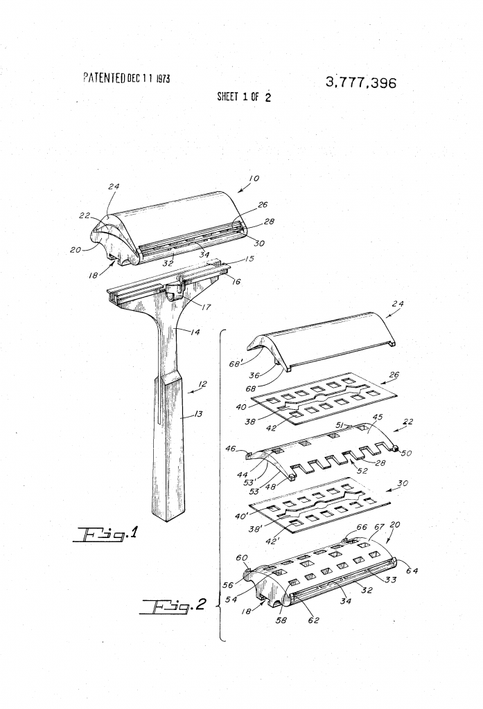 Sheet one of the patent drawing for the double double edged cartridge razor