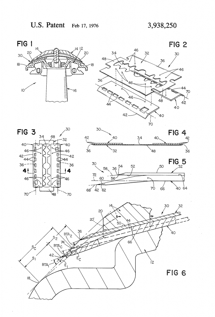 Patent drawing showing Gillette's disposable blade unit from the early seventies.