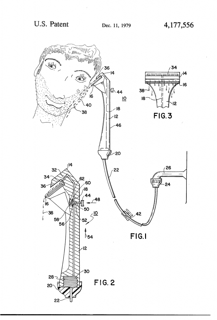 Patent drawing for Ralph's water dispensing razor. Note misshapen shaver.