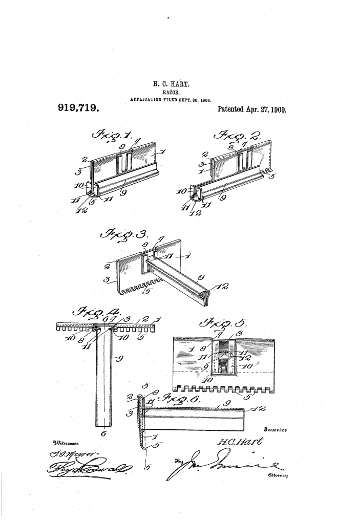 Patent drawing showing Hubert Hart's patent for a razor with a slide-on handle.