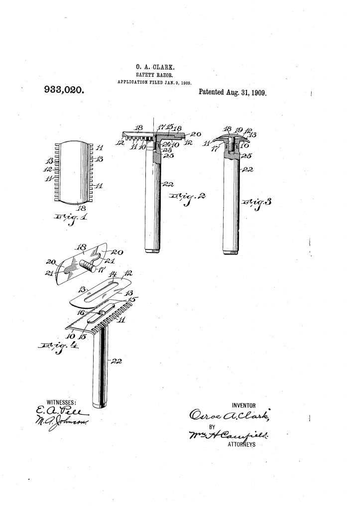 Patent drawing showing the razor component of Clark's 1909 shaving system.