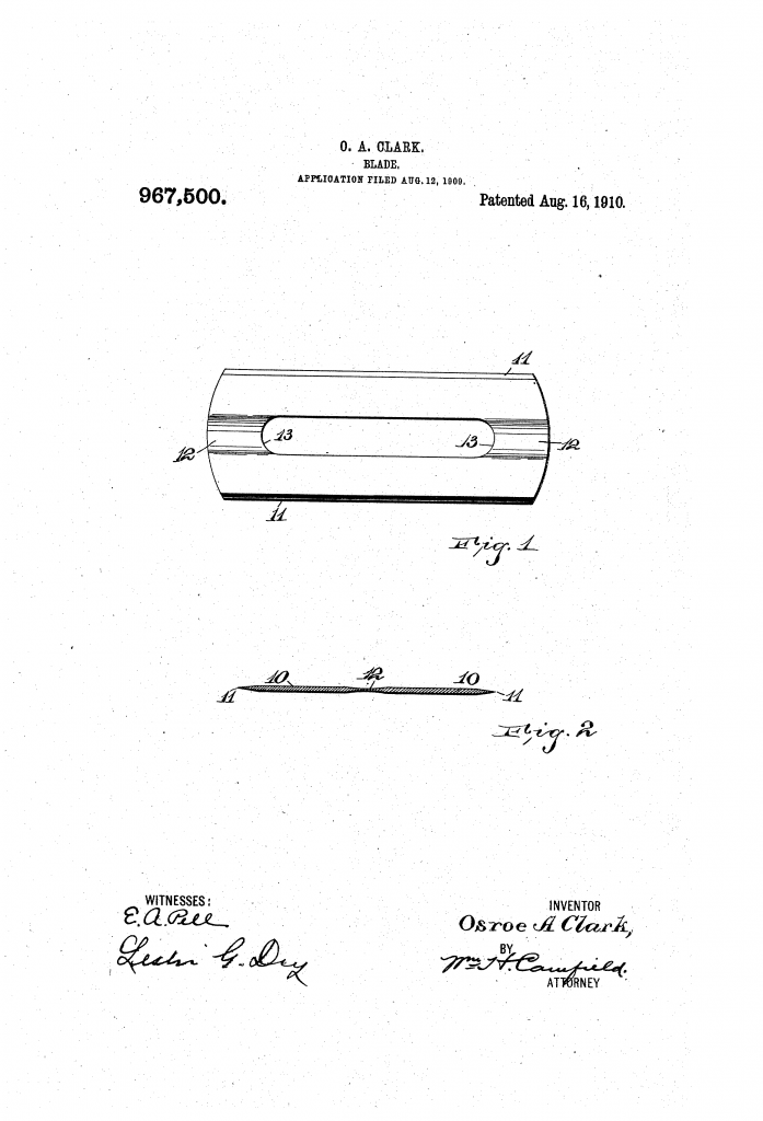 Patent drawing showeing the blade from Clark's 19909 shaving system.