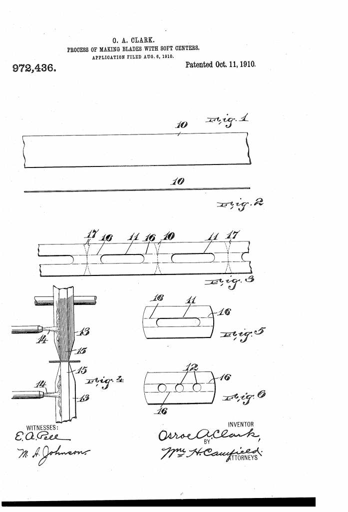 Patent drawing showing a way to manufacture the blades for Clark's 1909 shaving system
