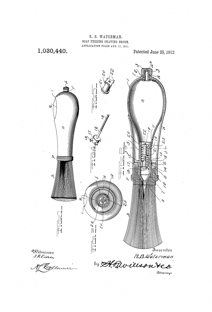 Patent drawing for Waterman's soap-feeding shaving brush