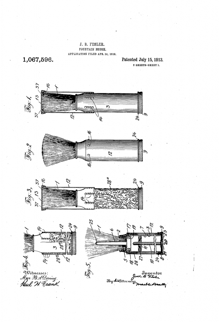Patent drawing from US patent 1,067,596, sheet one, showing a fountain brush