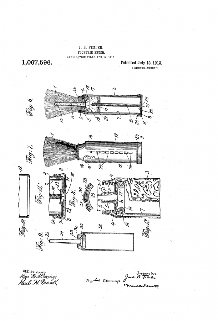 Patent drawing from US patent 1,067,596, sheet two, showing a fountain brush