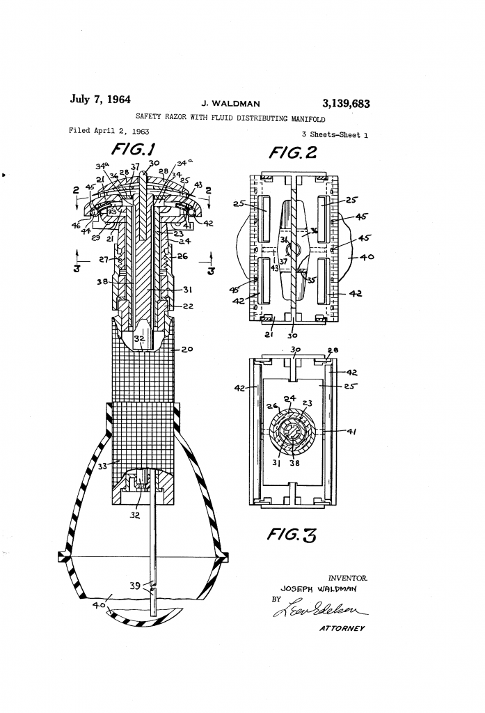 Sheet one of the patent drawing for the safety razor with fluid distributing manifold