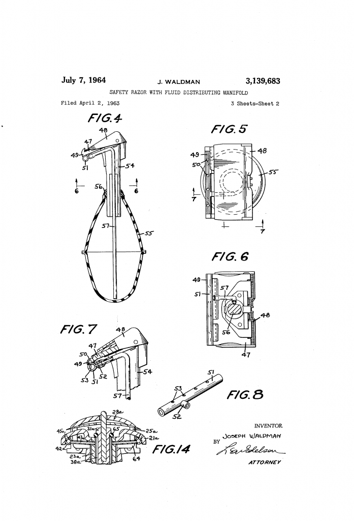 Sheet two of the patent drawing for the safety razor with fluid distributing manifold