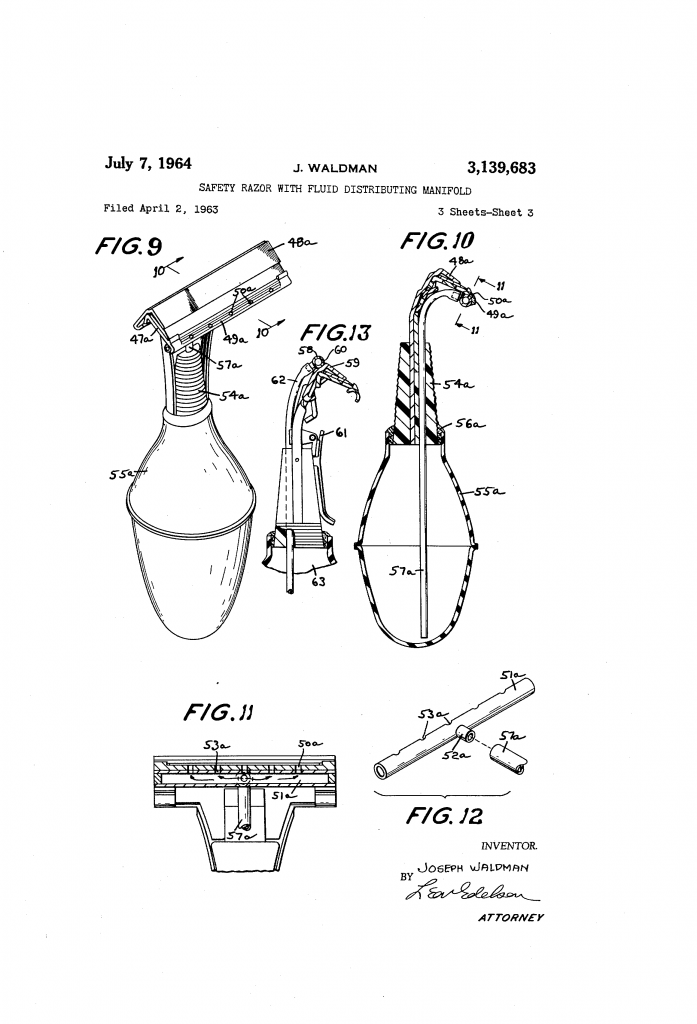 Sheet three of the patent drawing for the safety razor with fluid distributing manifold
