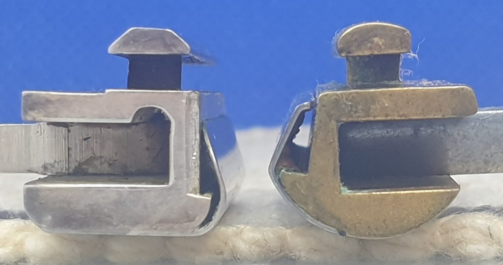 Side by side comparison of head geometry of a Schick Type A (right) and Type B (left)