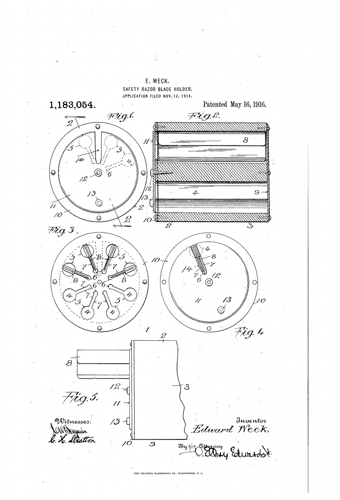 Patent drawing showing Weck's safety-razor-blade holder for his shavette system