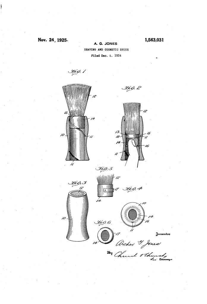 Patent drawing showing Archer G Jones' retractable brush suitable for shaving and make-up.