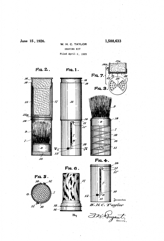 Patent drawing showing the shaving kit invented by William H C Taylor