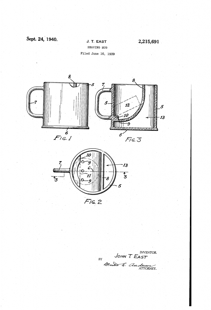 Patent drawing showing John's sanitary shaving mug