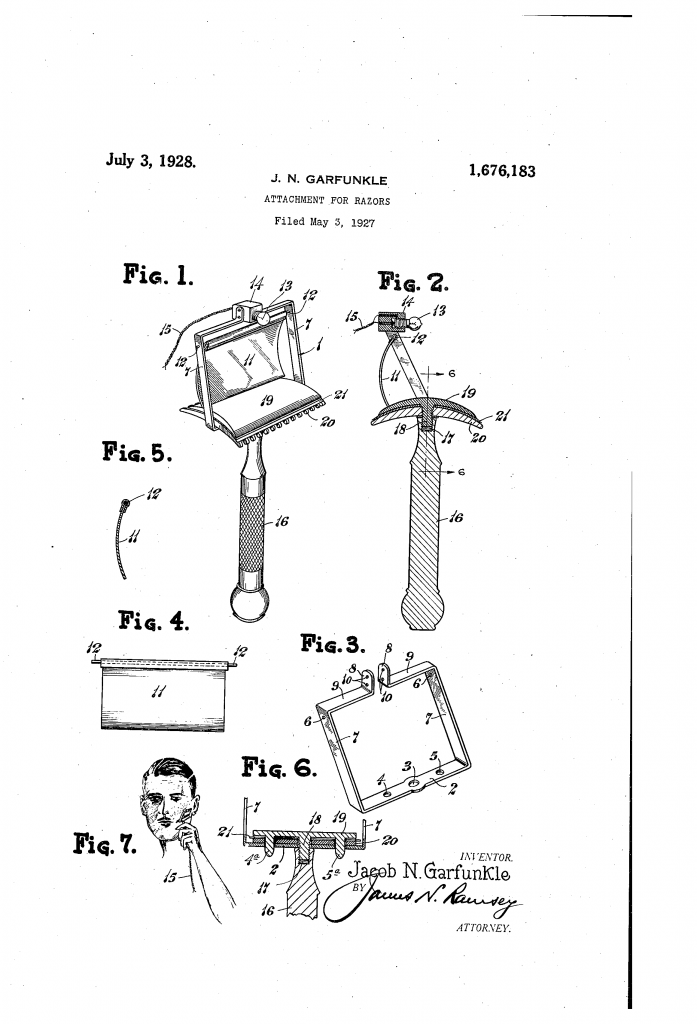 Patent drawing showing Jacob N Garfunkel's light attachment for razors.