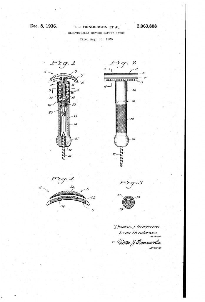 The patent drawing for the brothers Henderson's heated safety razor