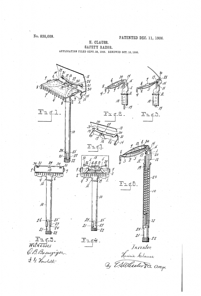 Patent drawing for Clauss' spring loaded hoe razor