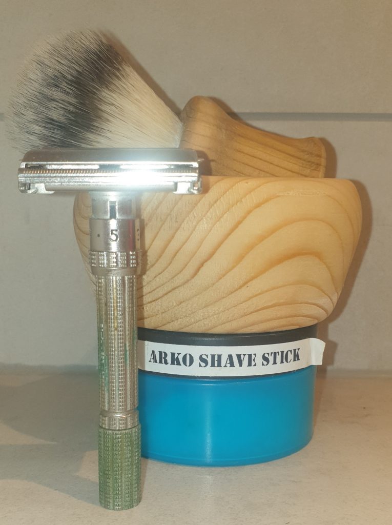 SOTD 2023 06 21; Arko shave stick, Gillette Slim, home made brush