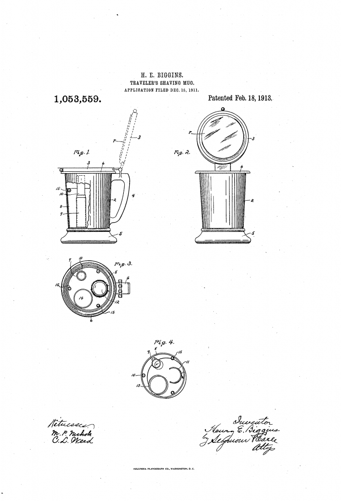 Henry's traveller's shaving-mug, from his 1913 patent.