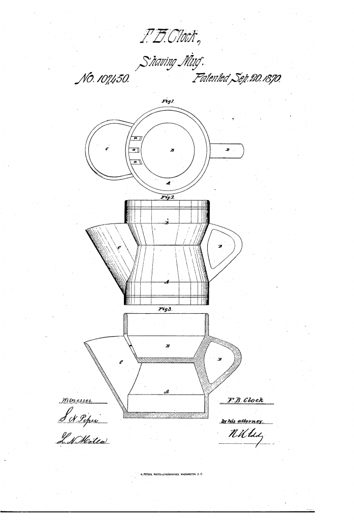 Patent drawing from US patent 107,450, showing Frank B Clock's improvement in shaving mugs in which the soap could not fall out.