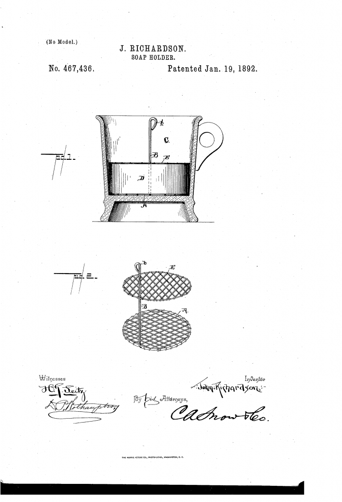 Patent drawing for John Richardson's shaving soap holder, showing the two wire fabric discs, the lifter, and how it sits in a standard shaving mug.