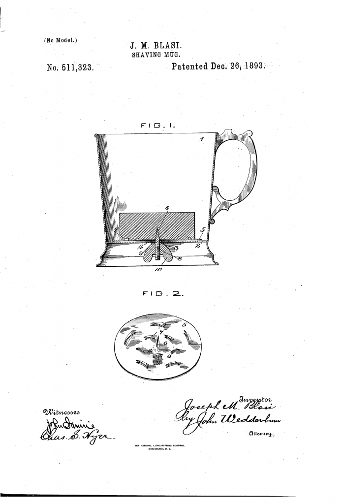 Patent drawing showing Joseph spiky shaving mug.

Figure two shows the metal plate with the spiky concentric spurs stamped out of a sheet metal false bottom.