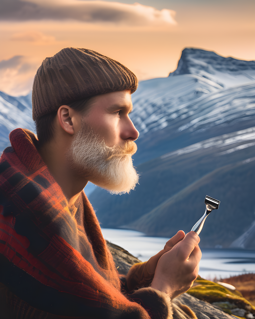 Norwegian Man Shaving With A Traditional Safety Razor, Mountains In The Background