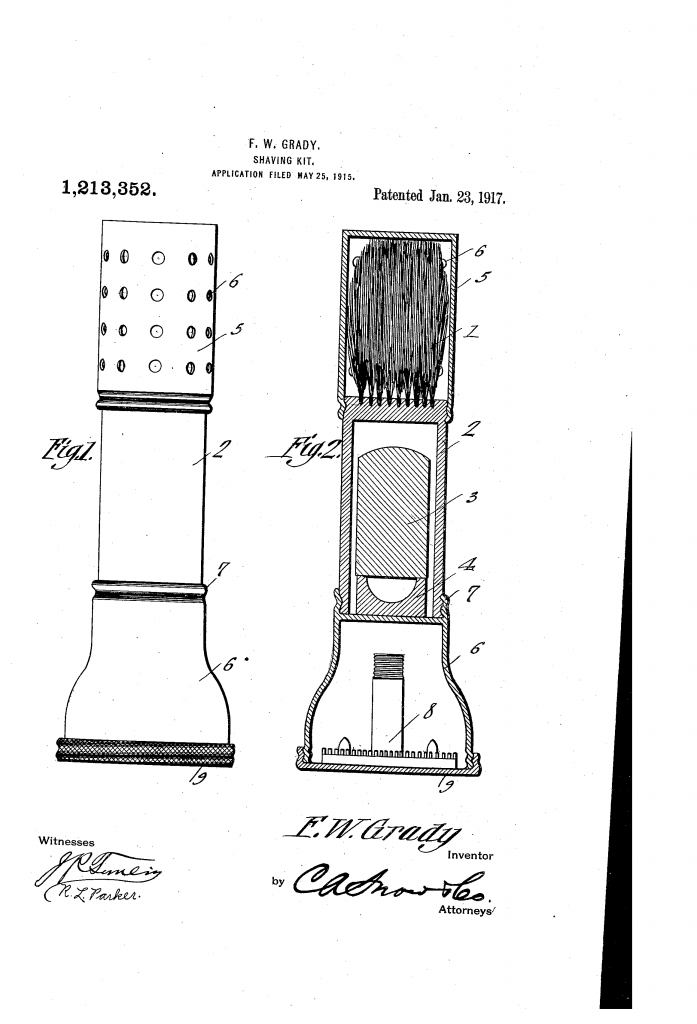 Patent drawing from US patent 1,213,352, showing the all in one shaving kit