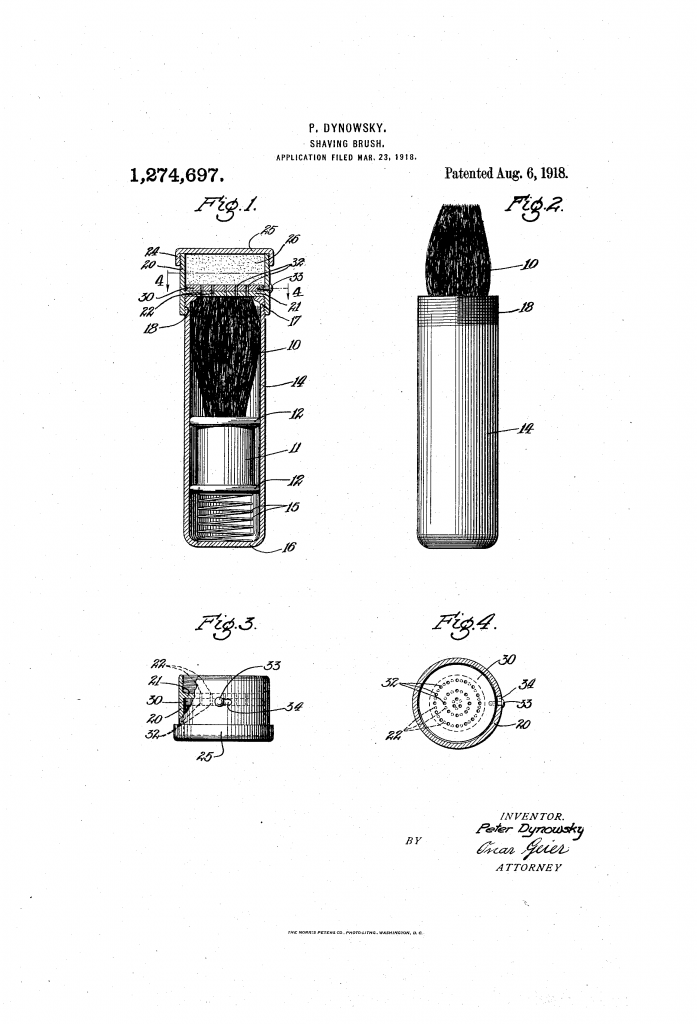 Patent drawing showing the self soaping retractable shaving brush.
