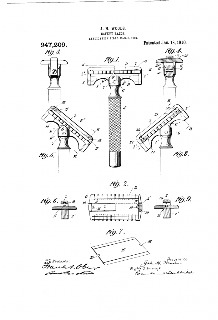 Patent drawing showing the easy clamp safety razor of J H Woods