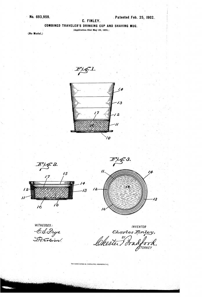 Patent drawing showing Charles' combination drinking cup and shaving mug