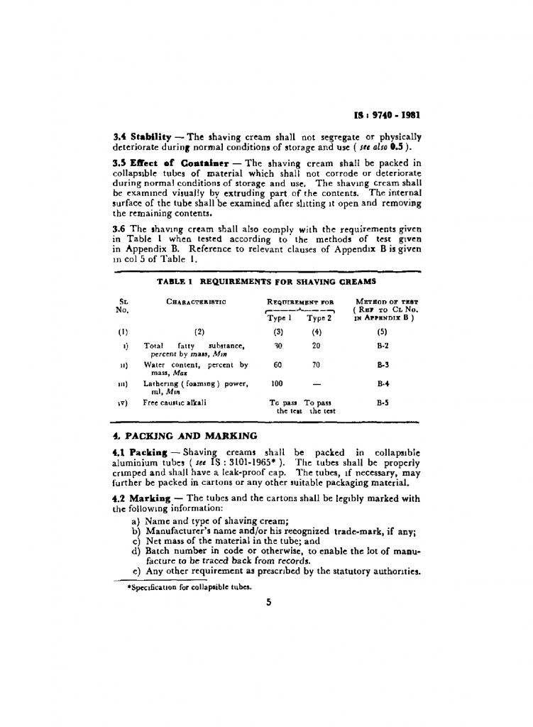 A page from IS 9740, showing the table on how much fatty substances and water Type 1 and 2 can contain.