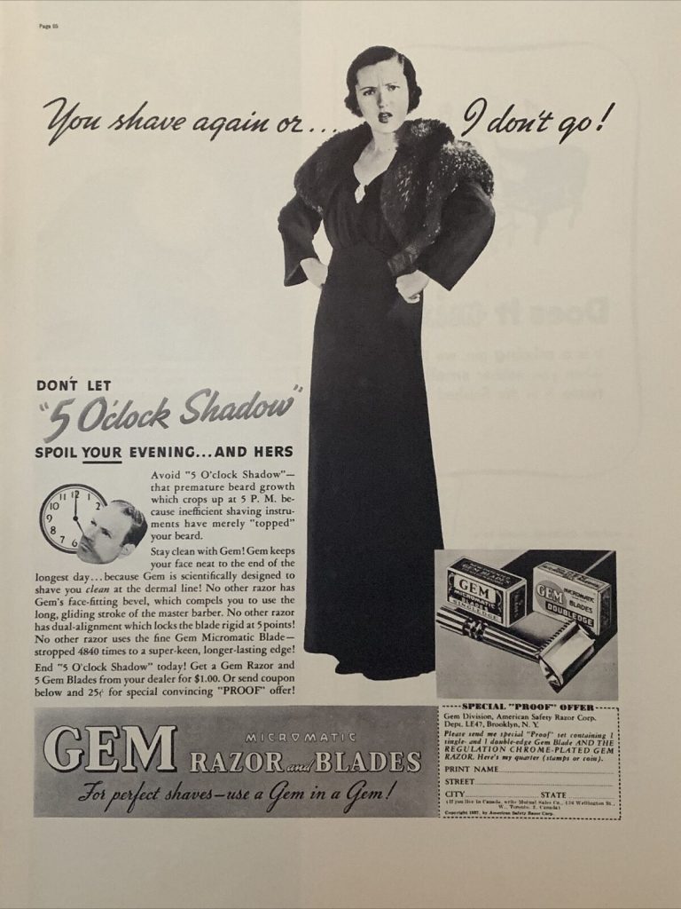 "You shave again or I don't go" - GEM razor and blade advertisement from 1937