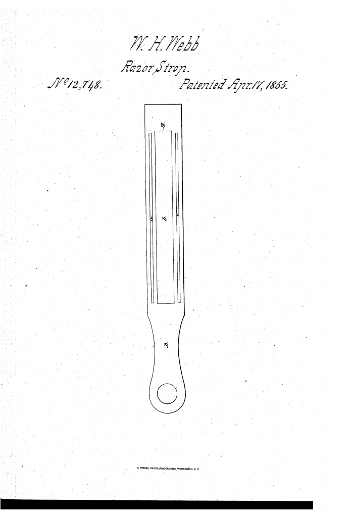 Patent drawing from US patent 12,748, showing Williams metallic hone. The main body was made from a soft metal such as sink, while three inserts would be made from a harder metal.