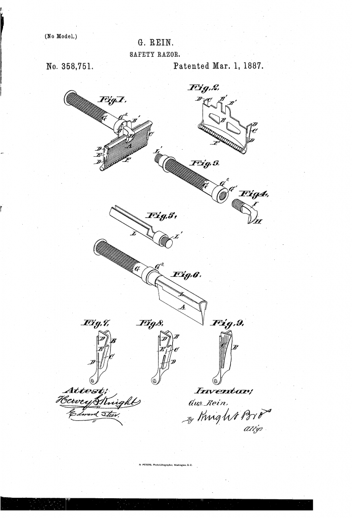 Patent drawing from US patent 358,751, showing the safety razor invented by Gustavus Rein
