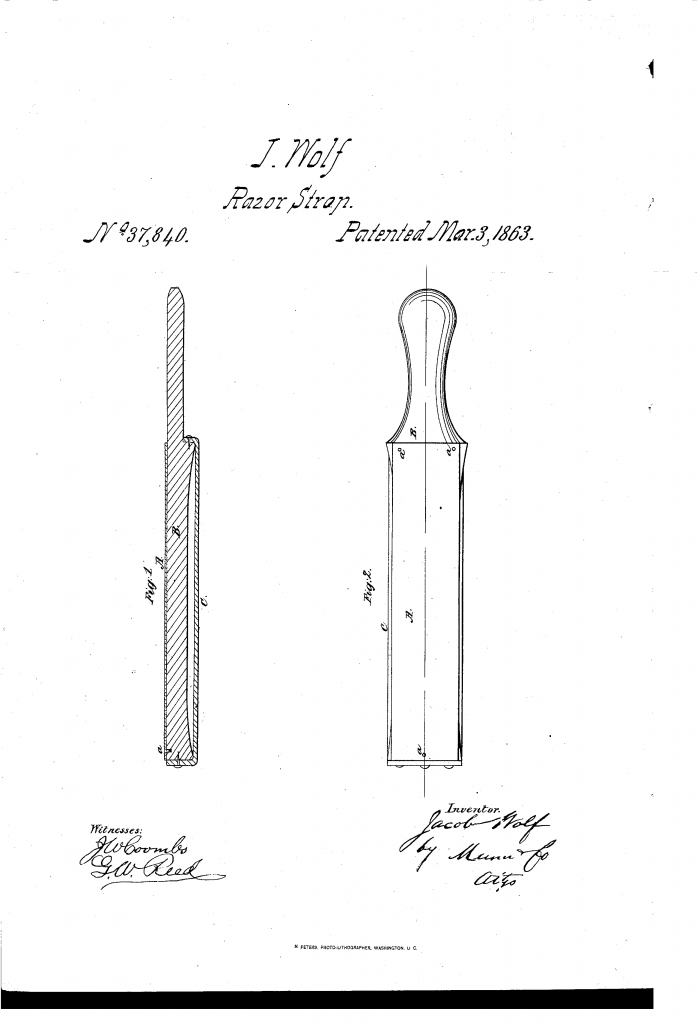 Patent drawing from US patent 37,940, showing Jacob Wolf's improvement in razor strops.