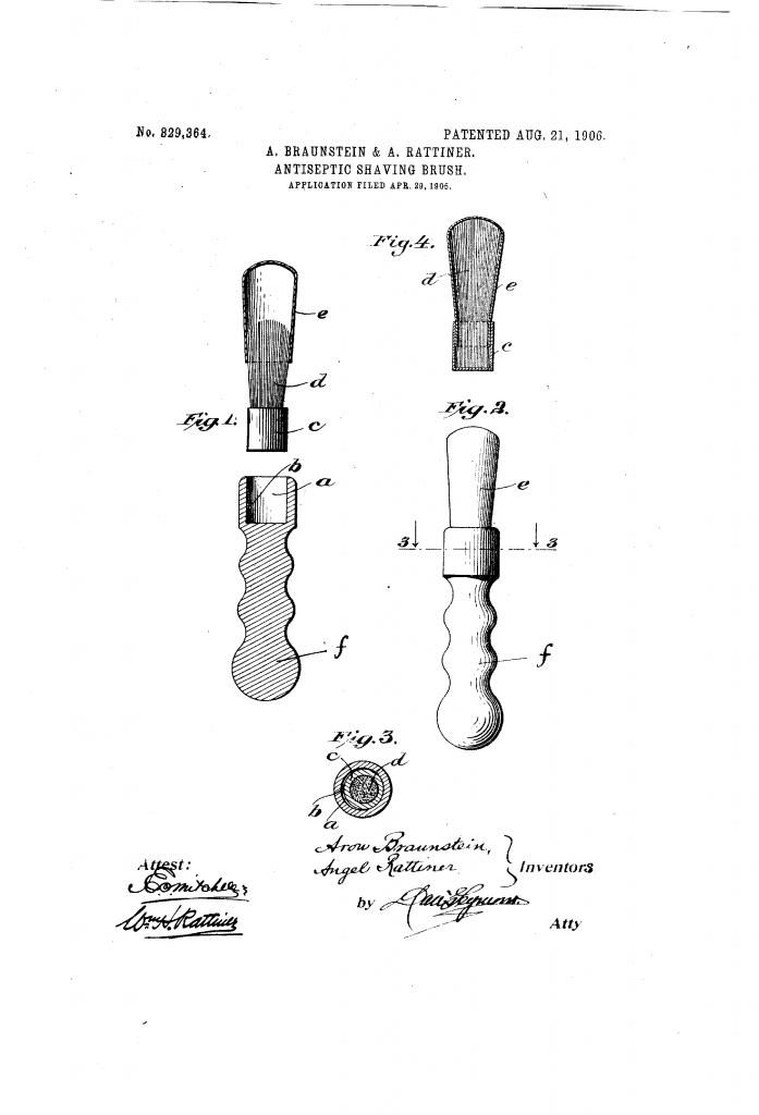 Patent drawing for US patent 329,364, showing the antiseptic shaving brush
