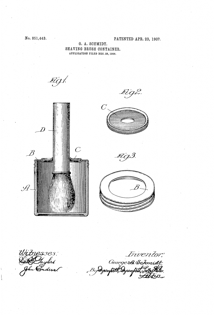 Patent drawing from US patent 851,443, showing George's shaving brush container
