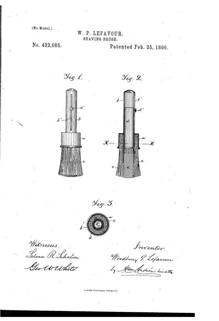 Patent drawing from US patent 422,085, showing Lefavour's shaving brush