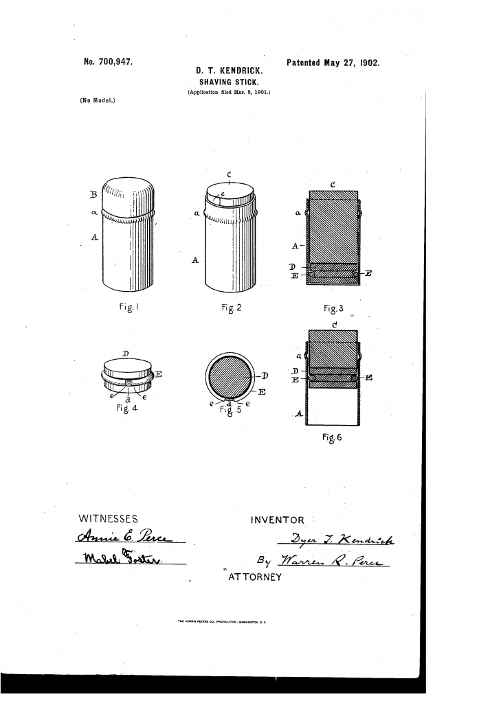 Drawing from D T Kendrick's 1902 patent for a push up shaving stick