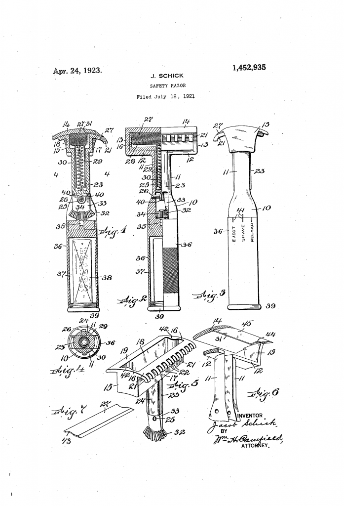 Patent drawing showing Jacob Schick's first idea for a repeating razor