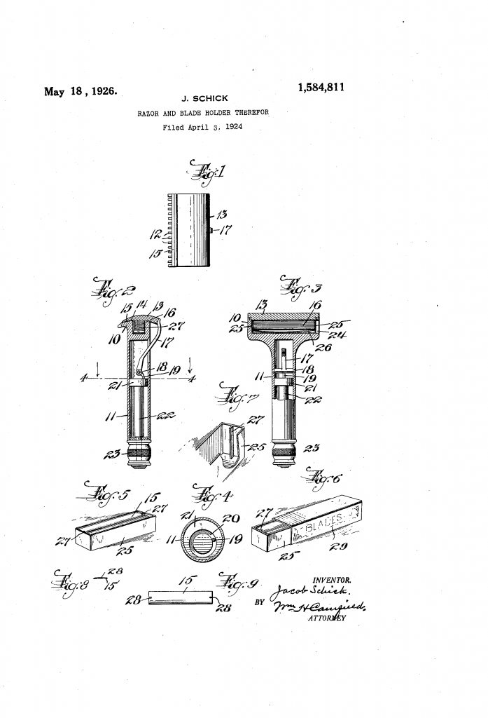 Patent drawing showing Schick's second repeating razor.