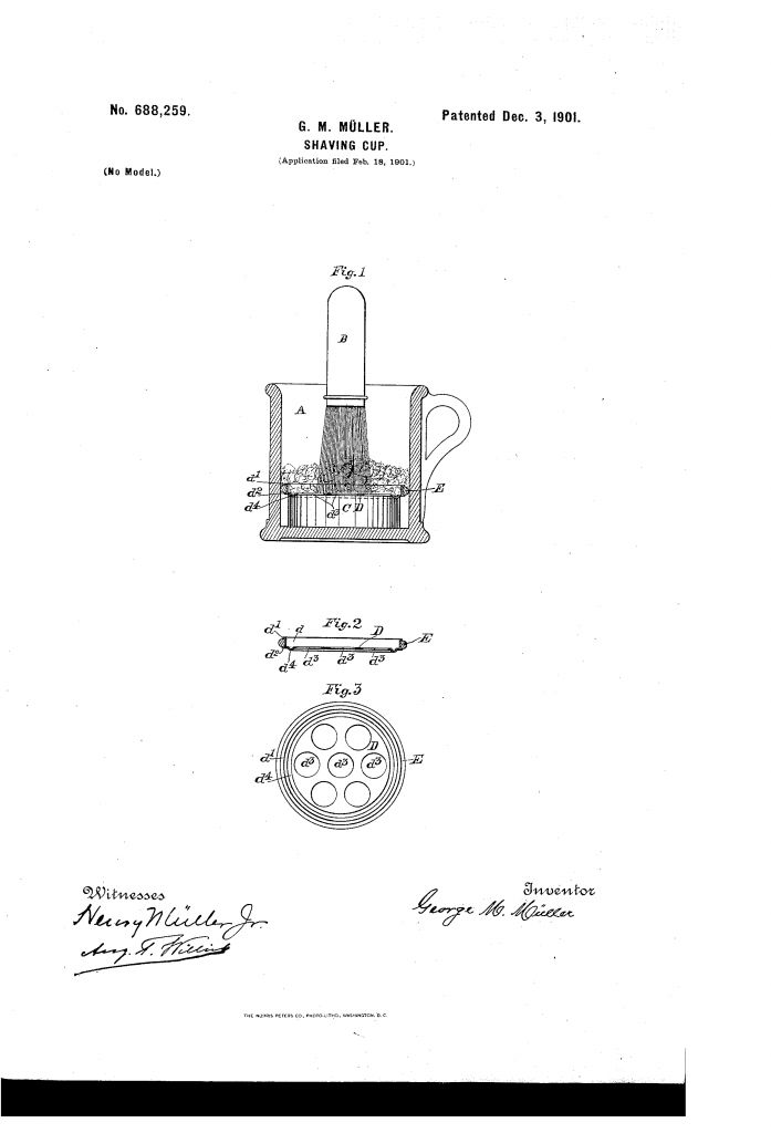 Patent drawing showing George M Müller's less messy shaving mug.