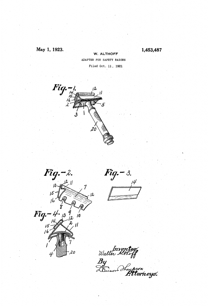 Patent drawing showing the adapter for using a single edge blade in a double edged razor.
