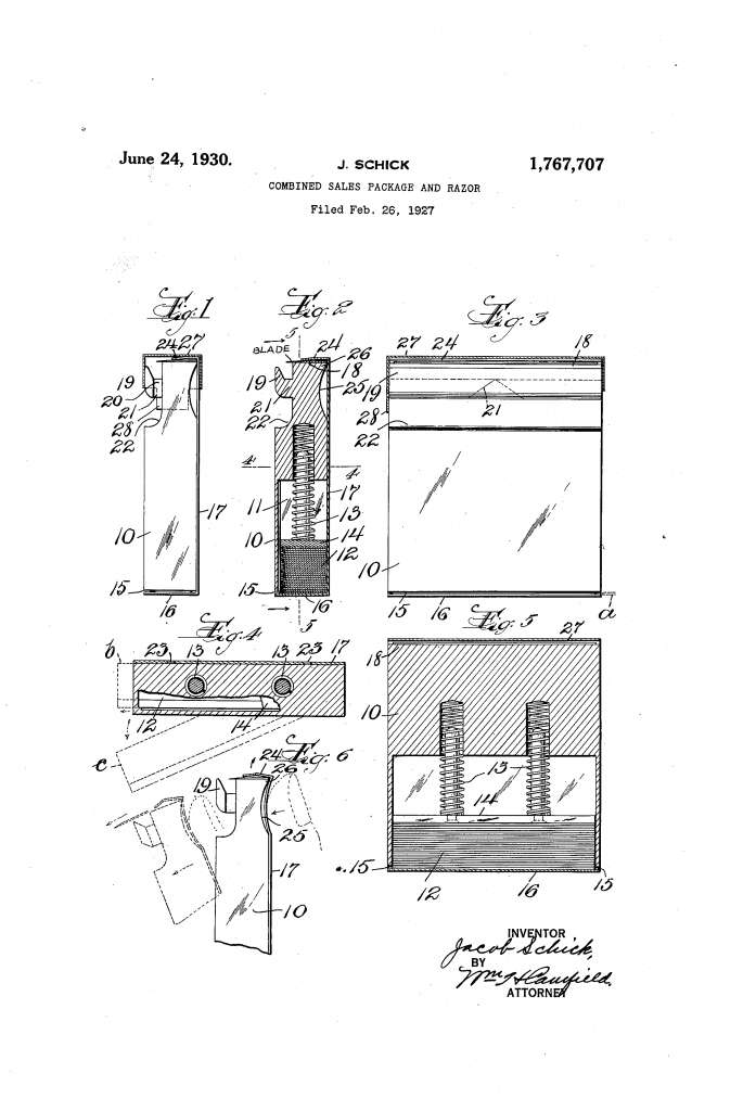 Patent drawing showing Jacob Schick's combination sales package and razor.