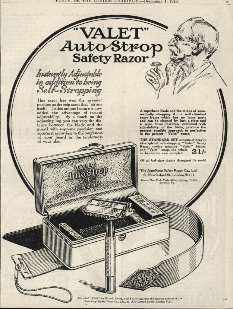 Valet advertisement touting the instantly adjustable and self stropping razor